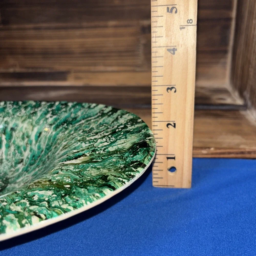 Akcam Turkish Art Glass Green and Beige Splatter print Oval Bowl 11x7.5